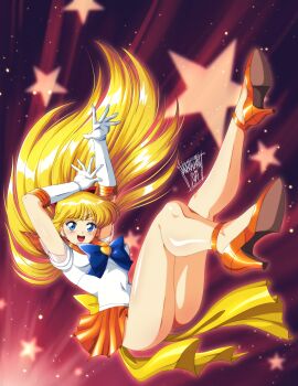Rule 34 | 1girl, aino minako, arms up, artist name, bishoujo senshi sailor moon, blonde hair, blue eyes, blush, breasts, covered navel, danmakuman, elbow gloves, full body, gloves, gradient background, high heels, highres, jewelry, long hair, looking at viewer, medium breasts, orange skirt, pleated skirt, ribbon, sailor collar, sailor senshi uniform, sailor venus, shiny skin, signature, simple background, skirt, sleeveless, smile, star (symbol), teeth, thighs, tiara, upper teeth only