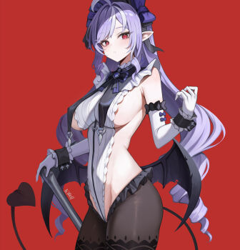 1girl absurdres aer7o black_pantyhose breasts cowboy_shot crotchless crotchless_pantyhose demon_tail drill_hair elbow_gloves gloves highres large_breasts leotard long_hair low_wings multicolored_hair pantyhose pointy_ears purple_hair red_background red_eyes sideboob solo standing streaked_hair tail twin_drills twintails very_long_hair vivian_banshee white_gloves white_leotard wings zenless_zone_zero