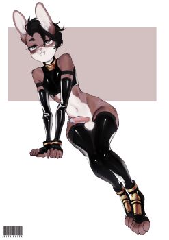 1boy absurdres animal_ears black_gloves black_hair black_thighhighs body_fur closed_mouth crop_top elbow_gloves fangs furry furry_male gloves highres looking_at_viewer male_focus navel original penis pita-potato short_hair sitting solo thighhighs