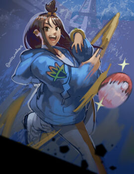 1girl absurdres andrewmalique artist_name blue_background blue_jacket bracelet brown_eyes brown_hair commentary cowboy_shot cube_hair_ornament drawstring dynamic_pose earclip english_commentary hair_ornament highres hood hood_down hooded_jacket jacket jewelry leg_up lida_(pokemon) looking_at_viewer motion_blur nintendo open_mouth pants poke_ball poke_ball_(basic) pokemon pokemon_legends:_z-a shoes smear_frame sneakers solo sparkle throwing throwing_poke_ball tight_clothes topknot tower white_pants white_shoes yoga_pants