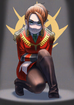 1girl boots expressionless female_focus green_eyes gundam gundam_ms_igloo insignia kneeling kneeling_female military military_uniform monique_cadillac red_hair red_skirt skirt thighhighs