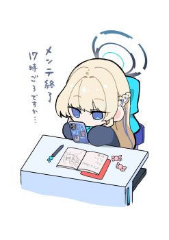 blonde_hair blue_archive blue_eyes candy cellphone chibi desk eimi_(blue_archive) food halo highres himari_(blue_archive) holding holding_phone koyuuuuuuuuuuu long_hair note phone rio_(blue_archive) simple_background sitting smartphone toki_(blue_archive) white_background
