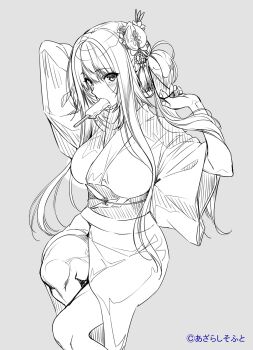 1girl amakano_2 arm_up blush breasts copyright_notice food food_in_mouth grey_background greyscale hair_between_eyes hand_up highres japanese_clothes kimono kurohime_yuuhi large_breasts long_hair long_sidelocks looking_at_viewer looking_to_the_side monochrome obi official_art piromizu popsicle popsicle_in_mouth sash sidelocks simple_background sitting solo very_long_sidelocks wide_sleeves