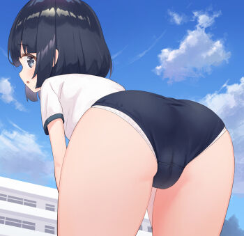 1girl ass black_hair blouse blue_buruma blue_eyes building buruma cloud commentary_request female_focus from_behind gym_uniform hands_on_own_thighs leaning_forward loli looking_at_viewer looking_back makigai makino_yume original outdoors panties panties_under_buruma panty_peek shirt short_hair short_sleeves sky solo thighs underwear white_panties white_shirt