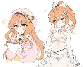 1girl bare_shoulders beret bikini black_choker black_survival blush bow bracelet breasts breasts_apart cardigan choker collarbone cowboy_shot crescent crescent_hair_ornament criss-cross_halter cropped_torso double-parted_bangs drawing_(action) drawn_heart eternal_return:_black_survival finger_to_own_chin flower_ornament frilled_bikini frills groin hair_between_eyes hair_bow hair_bun hair_intakes hair_ornament halterneck hat high_ponytail highres holding holding_pen holding_sketchbook jewelry long_hair long_sleeves looking_afar looking_at_viewer lumia_riri medium_breasts navel neck_ribbon official_alternate_costume orange_hair parted_lips pen pink_cardigan pink_hat pink_ribbon ponytail ribbon school_uniform scrunchie serafuku simple_background single_hair_bun single_side_bun sketchbook sleeves_past_wrists smile solo swimsuit thigh_gap tia_(black_survival) white_background white_bikini white_choker wrist_scrunchie yellow_eyes yellow_serafuku