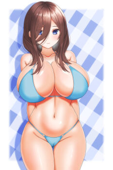 1girl alternate_breast_size_(larger) arms_behind_back bikini blue_bikini blue_eyes blush breasts brown_hair cameltoe checkered_background cleavage closed_mouth collarbone commentary_request go-toubun_no_hanayome hair_between_eyes highres large_breasts long_hair looking_at_viewer nabeshiita_(atsuryoku_nabe) nakano_miku navel patterned_background smile solo standing swimsuit