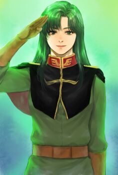 1girl aged_down belt black_capelet capelet cima_garahau commentary_request gloves green_background green_eyes green_hair gundam gundam_0083 highres long_hair military_uniform saluting simple_background solo solo_focus takeda_yuuko zeon