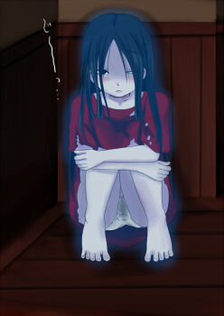 Rule 34 | 1girl, artist request, barefoot, blood, blue skin, blush, colored skin, corpse party, empty eyes, feet, flat chest, ghost, monster girl, panties, pantyshot, school uniform, shinozaki sachiko, sitting, tagme, underwear