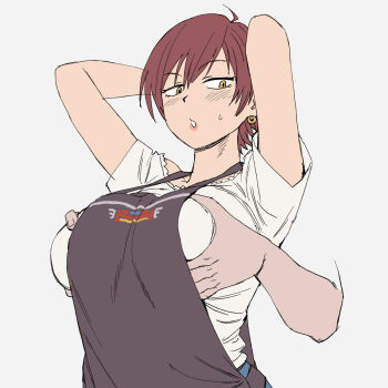 1girl apron arms_up blush breasts disembodied_hand earrings grabbing_another&#039;s_breast gridman_universe groping highres jewelry large_breasts onsen_tamago_(hs_egg) red_hair shirt short_hair ssss.gridman sweatdrop t-shirt takarada_orie yellow_eyes