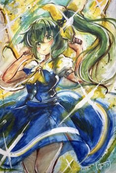 1girl absurdres ascot blue_skirt blue_vest bow breasts closed_mouth collared_shirt commentary_request daiyousei fairy fairy_wings green_eyes green_hair hair_bow harikona highres looking_at_viewer medium_breasts one_side_up painting_(medium) puffy_short_sleeves puffy_sleeves shirt short_sleeves signature skirt smile solo touhou traditional_media vest watercolor_(medium) white_shirt wings yellow_ascot yellow_bow