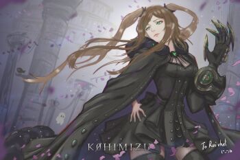 1girl artist_name black_cape black_dress breasts brown_hair cape closed_mouth commentary drag-on_dragoon drag-on_dragoon_3 dress english_commentary facial_mark falling_petals floating_hair forehead_mark four_(drag-on_dragoon) green_eyes hand_on_own_hip highres k0himizu light_smile long_hair mechanical_hands medium_breasts petals pink_lips purple_petals single_mechanical_hand solo standing twintails
