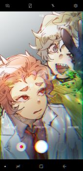 2boys @_@ bennett_(hello_charlotte) black_gloves blonde_hair buttons cellphone_photo chromatic_aberration collared_shirt commentary covering_one_eye fake_phone_screenshot fake_screenshot felix_honikker feruca gloves green_liquid grey_eyes grey_shirt grin hand_over_eye hazmat_suit hello_charlotte highres jacket korean_text lab_coat lapels messy_hair multiple_boys necktie notched_lapels one_eye_covered orange_hair parted_lips red_eyes red_necktie rubber_gloves scar scar_on_face shirt short_hair smile spitting sweat user_interface v worried yellow_jacket