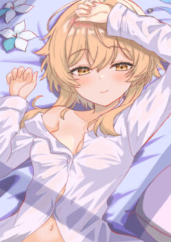1girl alternate_costume ayamal_(mainichi_ryokucha) blonde_hair blush breasts cleavage closed_mouth commentary_request dress_shirt genshin_impact hair_between_eyes highres long_sleeves looking_at_viewer lumine_(genshin_impact) lying medium_breasts navel no_bra on_back partially_unbuttoned shirt short_hair_with_long_locks single_off_shoulder smile solo textless_cover_page white_shirt yellow_eyes