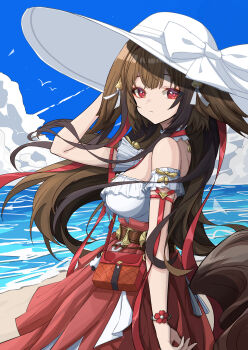 1girl absurdres bare_shoulders breasts brown_hair closed_mouth commentary from_side hair_flaps hair_intakes hair_ornament hand_up hat highres horse_girl horse_tail long_hair looking_at_viewer looking_to_the_side medium_breasts mutsu_aya official_alternate_costume outdoors red_eyes red_skirt shirt shirt_tucked_in skirt solo tail turning_head white_hat white_shirt ye_shunguang ye_shunguang_(touch_of_dawnlight) zenless_zone_zero