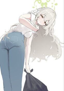 1girl alternate_costume amai2d ass bag blue_archive blue_pants denim from_behind green_halo halo hazel_eyes highres holding holding_bag jeans miyo_(blue_archive) pants simple_background solo trash_bag white_background
