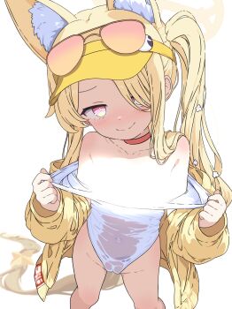 1girl animal_ear_fluff animal_ears blue_archive blush cameltoe choker closed_mouth clothes_pull collarbone commentary_request covered_navel fox_ears fox_girl from_above groin halo highres jacket light_censor long_hair one-piece_swimsuit one-piece_swimsuit_pull orange-tinted_eyewear orange_choker pink_eyes seia_(blue_archive) shishiejo_(sisieho1) smile solo split_mouth standing swimsuit swimsuit_under_clothes tinted_eyewear transparent_background very_long_hair visor_cap white_one-piece_swimsuit yellow_halo yellow_jacket yellow_visor