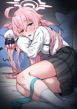 1girl ahoge black_gloves black_shirt blue_archive blue_eyes blue_necktie blush commentary crying crying_with_eyes_open dutch_angle fang film_grain fingerless_gloves full_body gloves hair_spread_out half-closed_eyes halo hatohane_(tonnkotubird) heterochromia highres hoshino_(blue_archive) huge_ahoge kneehighs legs legs_together long_hair long_sleeves looking_at_viewer lower_teeth_only lying miniskirt necktie no_shoes on_bed on_side open_mouth pink_hair pink_halo plaid_clothes plaid_skirt pleated_skirt puffy_long_sleeves puffy_sleeves sad school_uniform shirt skin_fang skirt socks solo stuffed_animal stuffed_dolphin stuffed_toy tears teeth thick_eyebrows unworn_necktie very_long_hair vignetting white_shirt white_socks yellow_eyes