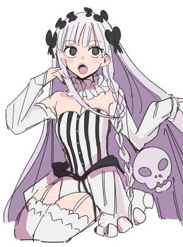 1girl absurdres bare_shoulders black_bow black_eyes blush bow braid breasts collar colored_inner_hair commentary_request detached_sleeves dress fate/strange_fake fate_(series) francesca_prelati_(fate) frilled_collar frills garter_straps grey_hair hair_bow highres long_hair looking_at_viewer medium_breasts multicolored_hair open_mouth panties parted_bangs ringed_eyes sidelocks siokuran skull_print solo striped_clothes striped_dress thighhighs thighs underwear very_long_hair white_dress white_hair white_panties white_thighhighs