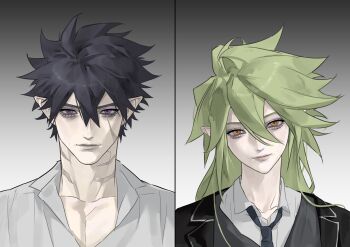 2boys alternate_hairstyle aotu_world black_hair black_jacket black_necktie black_vest chinese_commentary closed_mouth collarbone collared_shirt eyelashes facial_scar genderswap gradient_background green_hair grey_background hair_between_eyes hair_down highres jacket long_hair looking_at_viewer male_focus multicolored_eyes multiple_boys necktie pectoral_cleavage pectorals pointy_ears purple_eyes ray_(aotu_world) red_eyes scar scar_on_cheek scar_on_face scar_on_neck school_uniform shirt short_hair sidelocks simple_background smile spiked_hair split_screen upper_body vest white_shirt xander_(aotu_world) yellow_eyes yigeniuren