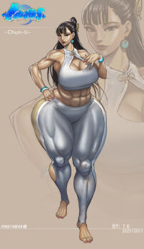 1girl 69_(artist) absurdres breasts capcom chun-li cleavage cleavage_cutout clothing_cutout curvy earrings female_focus full_body hand_on_own_hip highres jewelry large_breasts lips long_hair looking_at_viewer matching_hair/eyes midriff muscular muscular_female nail_polish solo stirrup_legwear street_fighter thick_thighs thighs toeless_legwear toenail_polish toenails wide_hips wristband