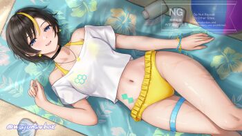 1girl ball beach_towel beachball bikini black_hair blonde_hair blush bottle bracelet breasts choker commentary_request commission earrings fang floral_print highres jewelry looking_at_viewer lying medium_breasts midriff multicolored_hair navel necklace off-shoulder_shirt off_shoulder original revision seashell shell shirt short_hair smile streaked_hair swimsuit thigh_strap thighs towel wajuniorbox wet white_shirt yellow_bikini