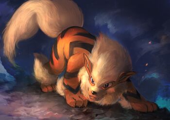 Rule 34 | absurdres, animal focus, arcanine, claws, closed mouth, commentary request, dog, fangs, fangs out, gen 1 pokemon, highres, nintendo, no humans, pokemon, pokemon (creature), smile, solo, sushimi (nijoujou), top-down bottom-up, yellow fur