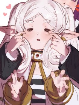 2girls =_= anger_vein capelet cheek_pinching cheek_pull closed_eyes commentary dot_nose elf fern_(sousou_no_frieren) frieren hands_on_another's_cheeks hands_on_another's_face hands_up heart highres long_hair long_sleeves moku_(muooku) multiple_girls open_mouth parted_bangs pinching pointy_ears short_eyebrows solo_focus sousou_no_frieren twintails white_capelet white_hair