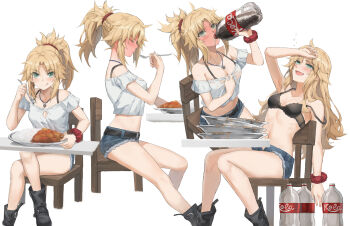 1girl absurdres bare_shoulders black_bra blonde_hair blush bottle bra braid breasts chair cola commentary_request curry curry_rice denim denim_shorts drinking fate/apocrypha fate_(series) food green_eyes hair_ornament hair_scrunchie half_up_braid highres licking_lips long_hair looking_at_viewer mordred_(fate) multiple_views navel open_mouth parted_bangs ponytail red_scrunchie rice scrunchie shorts sidelocks sitting small_breasts smile soda_bottle tonee tongue tongue_out underwear