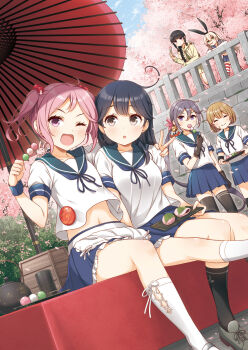 6+girls ahoge akebono_(kancolle) akebono_kai_ni_(kancolle) apron bandaid bandaid_on_face bell black_gloves black_hair black_socks black_thighhighs blonde_hair blue_skirt braid breasts brown_hair dango elbow_gloves flat_chest flower food frilled_apron frilled_skirt frills gloves grey_eyes hair_bell hair_bobbles hair_flower hair_ornament highres holding holding_food holding_skewer jingle_bell kantai_collection kitakami_(kancolle) kitakami_kai_ni_(kancolle) large_breasts long_hair long_sleeves midriff miniskirt multiple_girls navel oboro_(kancolle) one_eye_closed open_mouth pink_eyes pink_hair pleated_skirt purple_eyes purple_hair sailor_collar sazanami_(kancolle) school_uniform serafuku shimakaze_(kancolle) short_hair short_sleeves side_ponytail sidelocks single_braid sitting skewer skirt smile socks striped_clothes striped_thighhighs thighhighs twintails ushio_(kancolle) very_long_hair wagashi waist_apron white_apron white_gloves white_socks yellow_sailor_collar yellow_serafuku yume_no_owari