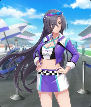 2girls 5boys beach_umbrella black_hair blue_sky breasts brown_eyes character_name cleavage closed_mouth clothes_writing cloud cowboy_shot crop_top day eyes_visible_through_hair eyewear_on_head game_cg hair_over_one_eye hands_on_own_hips jacket large_breasts long_hair long_sleeves looking_to_the_side midriff motor_vehicle motorcycle multiple_boys multiple_girls navel official_art origami_yukari outdoors pencil_skirt purple_jacket purple_skirt race_queen racetrack sideways_glance skirt sky solo_focus stanchion sunglasses third-party_source toji_no_miko toji_no_miko:_kizamishi_issen_no_tomoshibi two-tone_skirt umbrella very_long_hair white_skirt