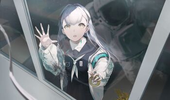 1girl absurdres ak-alfa_(girls'_frontline) black_serafuku black_shirt black_skirt cardigan commentary english_commentary feet_out_of_frame girls'_frontline girls'_frontline_2:_exilium grey_hair hand_up highres holding_tape id_card long_hair long_sleeves looking_at_viewer looking_up neckerchief official_alternate_costume open_cardigan open_clothes open_mouth school school_uniform serafuku shenme_niao_mingzi shirt skirt solo standing table tololo_(girls'_frontline_2) tololo_(horizon_cruise)_(girls'_frontline_2) white_cardigan white_neckerchief window yellow_eyes