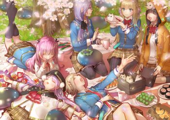 6+girls aikawa_megumi asakura_karen_(heaven_burns_red) black_hair blonde_hair blue_eyes brown_hair cherry_blossoms commentary_request dango food fork green_eyes grey_hair gun heaven_burns_red highres holding izumi_yuki_(heaven_burns_red) kayamori_ruka kunimi_tama long_hair lying multiple_girls narby_(heaven_burns_red) noridraw on_back picnic picnic_blanket pink_eyes pink_hair red_eyes school_uniform short_hair toujou_tsukasa tree wagashi weapon