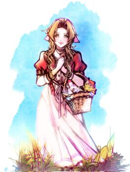 1girl aerith_gainsborough atelier_saya bangle basket bracelet brown_hair choker cropped_jacket dress final_fantasy final_fantasy_vii final_fantasy_vii_remake flower_basket flower_choker green_eyes hair_ribbon highres holding holding_basket jacket jewelry light_blush long_dress long_hair own_hands_together parted_bangs pink_dress pink_ribbon puffy_short_sleeves puffy_sleeves red_jacket ribbon short_sleeves sidelocks smile solo wavy_hair