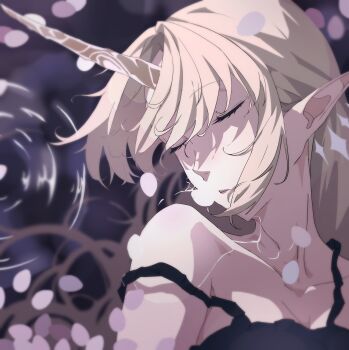 1girl absurdres blonde_hair closed_eyes collarbone commentary double_slash_(uphx3853) fleurdelys_(wuthering_waves) highres horns long_hair long_horns parted_lips pointy_ears portrait single_horn solo strap wuthering_waves