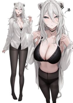 1girl :o absurdres ahoge alternate_costume animal_ear_piercing animal_ears bare_shoulders black_bra black_choker black_nails black_pantyhose blush bra bra_peek breasts button_gap choker claw_pose cleavage closed_mouth collared_shirt commentary dress_shirt fingernails full_body grey_eyes grey_hair hair_between_eyes highres hololive jewelry large_breasts lion_ears lion_girl lion_tail lips long_hair long_hair_between_eyes long_sleeves looking_at_viewer messy_hair multiple_views nail_polish navel_peek necklace no_pants no_shoes open_clothes open_mouth open_shirt panties panties_under_pantyhose pantyhose shirt shishiro_botan simple_background squiggle standing stomach tail thighband_pantyhose underwear untranslatable_commentary virtual_youtuber wanne white_background white_shirt