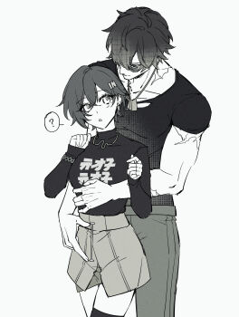 1boy 1girl ? behind_another belle_(zenless_zone_zero) black_shirt black_thighhighs blush bracelet collarbone commentary cowboy_shot crossed_bangs dog_tags earrings etg_bp green_pants greyscale hair_between_eyes hair_ornament hair_over_one_eye hand_on_another&#039;s_stomach hetero highres jewelry letter_hair_ornament lighter_(zenless_zone_zero) looking_at_another measuring monochrome multiple_scars necklace open_mouth pants penis_measuring scar scar_on_arm shirt short_hair single_thighhigh skirt spoken_question_mark sunglasses symbol-only_commentary thighhighs torn_clothes torn_shirt white_background zenless_zone_zero