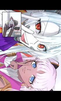 1boy 2girls blue_eyes blunt_bangs blurry blurry_background catherine_sabathra closed_mouth code_geass code_geass:_dakkan_no_roze collared_jacket cup dress earrings food bad_tag frilled_sleeves frills hair_between_eyes hand_up hands_up haruyanagininomiya_sakura high_ponytail highres holding holding_cup jacket jewelry light_smile long_hair long_sleeves looking_at_viewer looking_to_the_side multiple_girls nmexemn open_mouth parted_lips pink_hair pink_lips pink_nails ponytail purple_dress purple_eyes purple_hair red_eyes sweets tan teacup teeth thick_lips twintails upper_teeth_only v white_hair