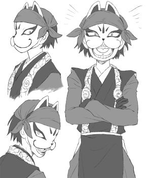 Rule 34 | 1boy, :3, animal ears, bandana, crossed arms, fox ears, fox mask, gloves, highres, japanese clothes, kazama genba, long sleeves, male focus, mask, monochrome, multiple views, nige jouzu no wakagimi, open mouth, solo, walnut1229, white background