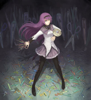 Rule 34 | 1girl, akemi homura, akemi homura (cosplay), akemi homura (magical girl), bakemonogatari, between fingers, black pantyhose, blue eyes, boxcutter, cosplay, eraser, fate/stay night, fate (series), female focus, field of blades, field of school supplies, full body, gou (ga673899), hairband, haoni, highres, holding, long hair, long sleeves, look-alike, magical girl, mahou shoujo madoka magica, mahou shoujo madoka magica (anime), monogatari (series), multiple weapons, pantyhose, pen, pencil, purple hair, ribbon, ruler, saitou chiwa, scissors, senjougahara hitagi, set square, skirt, solo, standing, stapler, stationery, tape, unlimited blade works (reality marble), voice actor connection, weapon
