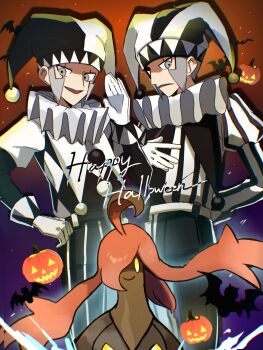 2boys absurdres ahoge bat_(animal) brothers colored_sclera emmet_(pokemon) gloves grey_eyes grey_hair hair_over_one_eye happy_halloween hat highres ingo_(pokemon) jack-o&#039;-lantern jester_cap jester_costume juliet_sleeves kairi0w0 long_sleeves male_focus multiple_boys nintendo open_mouth pokemon pokemon_(creature) pokemon_bw puffy_sleeves shirt short_hair siblings smile striped_clothes striped_shirt twins white_gloves yellow_sclera