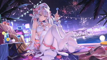 absurdres breasts candy character_request city_lights cocktail copyright_request feet fireworks food hat highres holding holding_candy holding_food holding_lollipop lollipop nurse_cap small_breasts thighhighs tongue tongue_out xzu
