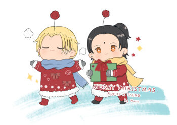 2boys :3 alternate_costume artist_name bindi black_hair blonde_hair carrying character_name chibi christmas christmas_present closed_eyes earrings eyelashes final_fantasy final_fantasy_vii final_fantasy_vii_remake fur_trim gift gloves hair_up holding jewelry male_focus merry_christmas moogle multiple_boys parted_bangs rufus_shinra scarf shiny_skin simple_background smile sparkle square_enix tseng turks_(ff7) walking white_background winter_clothes yaoi