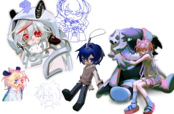 Rule 34 | 2boys, 4girls, :3, blonde hair, blue eyes, blue hair, blue pants, blue socks, brown sweater vest, closed eyes, closed mouth, cloud (lufaeris), commentary, doodle inset, double-parted bangs, english commentary, grey shirt, hair between eyes, hair intakes, highres, hood, hood up, hooded coat, horns, horns through hood, hugging doll, hugging object, long hair, looking at viewer, multicolored hair, multiple boys, multiple girls, open mouth, original, pants, pink hair, red eyes, red streaks, shirt, simple background, single hair streak, sitting, smile, socks, streaked hair, stuffed toy, sweater vest, white background, white hair