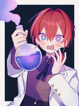 +_+ 1girl ange_katrina ange_katrina_(4th_costume) black_background black_necktie blue_eyes blush border coat collared_shirt colored_smoke commentary double-parted_bangs flask gradient_eyes grey_shirt hair_between_eyes hair_intakes hands_up highres holding holding_flask lab_coat lapels low_ponytail multicolored_eyes necktie nijisanji open_clothes open_coat open_mouth outside_border ponytail purple_eyes red_hair round-bottom_flask sen_izm shirt shirt_tucked_in short_ponytail simple_background smoke solo square-end_necktie sweatdrop symbol-only_commentary upper_body virtual_youtuber wavy_mouth white_border white_coat