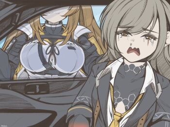 2girls :3 black_jacket breasts brown_hair car_interior closed_mouth collarbone collared_shirt commentary crying crying_with_eyes_open english_commentary girls&#039;_frontline girls&#039;_frontline_2:_exilium highres jacket large_breasts lenna_(girls&#039;_frontline_2) leva_(girls&#039;_frontline_2) long_hair looking_at_viewer multiple_girls necktie nooblaze open_clothes open_mouth scar scar_across_eye scar_on_face shirt smile tears twintails ump45_(girls&#039;_frontline) ump9_(girls&#039;_frontline) yellow_eyes yellow_necktie