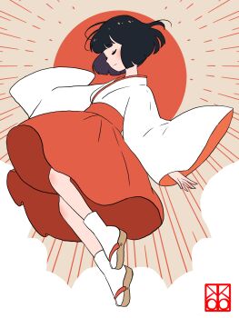 1girl artist_logo black_hair closed_eyes closed_mouth egasumi flat_color floating high-waist_skirt highres japanese_clothes light_blush logo nene_(kuroear99) original profile red_skirt sandals skirt solo tabi wide_sleeves