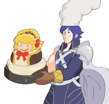 Rule 34 | aigis (persona), armor, blue eyes, blue hair, cake, cape, chef hat, chrom (fire emblem), davewaterfalls, fire emblem, fire emblem awakening, food, hat, nintendo, oven mitts, pauldrons, persona, persona 3, shin megami tensei, shoulder armor, transparent background