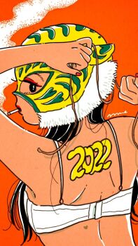 1girl 2022 black_hair bra chinese_zodiac cigarette commentary emamemamo33 eyeliner from_behind heart highres long_hair looking_at_viewer looking_back luchador luchador_mask makeup mask nail_polish original red_background red_eyeliner red_lips red_nails signature simple_background smoke smoking solo tiger tiger_mask_(object) tying underwear white_bra wrestler wrestling_mask year_of_the_tiger