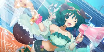 1girl alternate_costume animal_ears artist_request bikini bikini_top_only blue_shorts collarbone dog_ears dog_girl dog_tail eyewear_on_head game_cg green_bikini green_eyes green_hair highres holding holding_megaphone kasodani_kyouko looking_at_viewer megaphone navel official_art open_clothes open_mouth orange_nails screen screen_zoom scrunchie shorts solo stadium stomach swimsuit tail third-party_source touhou touhou_lostword wrist_scrunchie