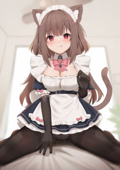 Rule 34 | 1girl, :q, absurdres, animal ears, apron, bell, black gloves, blurry, blurry background, bow, bowtie, breasts, brown hair, cat ears, cat girl, cat tail, cleavage, commentary request, gloves, highres, hinata (user rjkt4745), indoors, jingle bell, long hair, looking at viewer, maid, maid apron, maid headdress, medium breasts, neck bell, original, pantyhose, pink bow, pink bowtie, red eyes, solo, tail, tongue, tongue out, window
